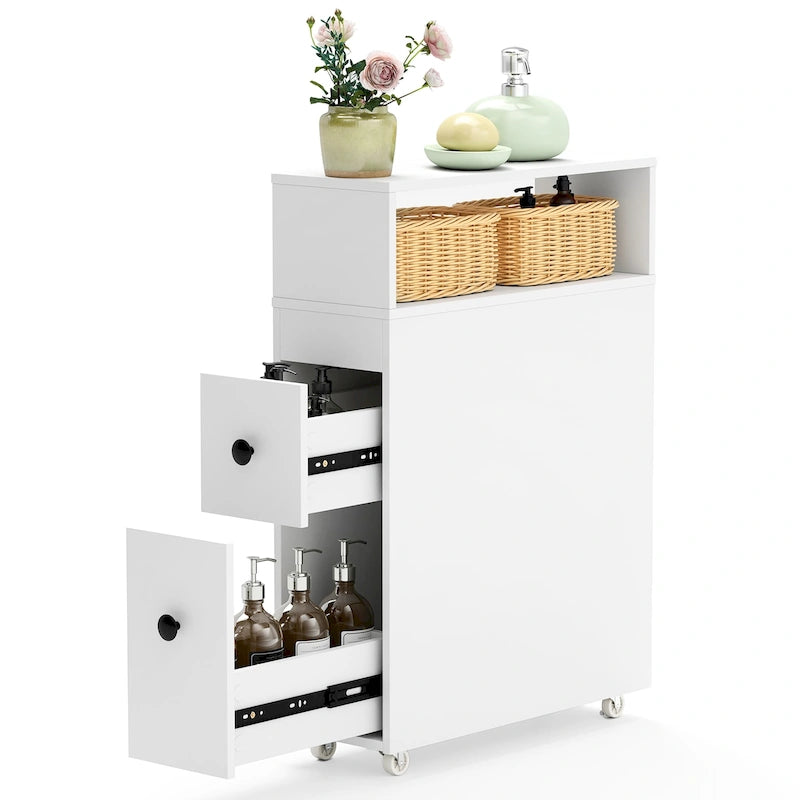 Mobiletto da bagno sottile bianco con cassetti e cestini, 1 persona