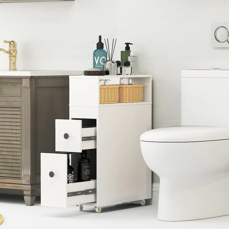 Mobiletto da bagno sottile bianco con cassetti e cestini, 1 persona