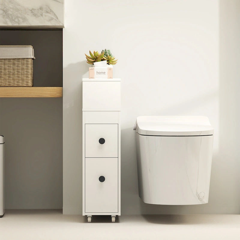 Mobiletto da bagno sottile bianco con cassetti e cestini, 1 persona