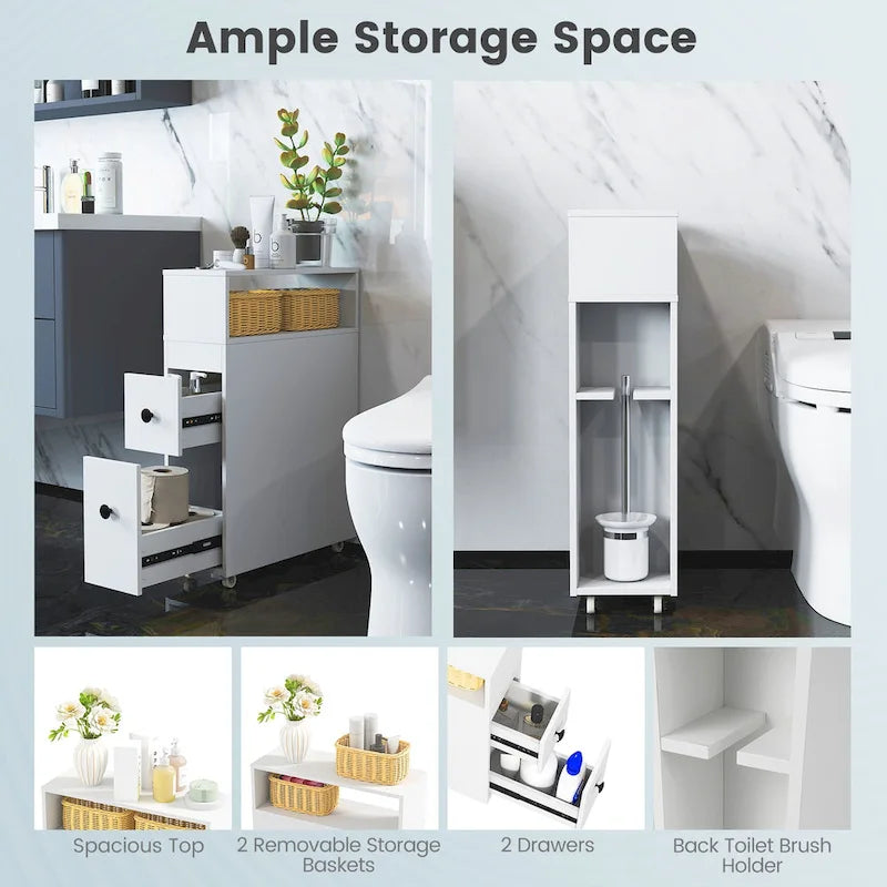 Mobiletto da bagno sottile bianco con cassetti e cestini, 1 persona