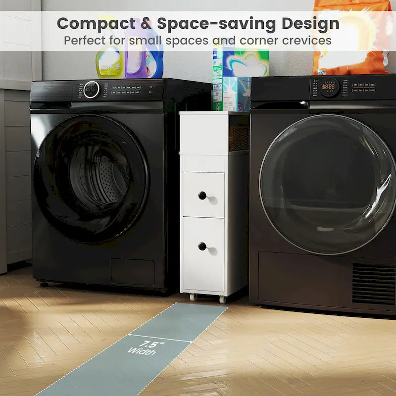 Mobiletto da bagno sottile bianco con cassetti e cestini, 1 persona