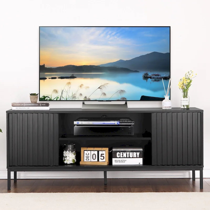 Mobile TV moderno nero di metà secolo, si adatta a TV fino a 65", larghezza 55"