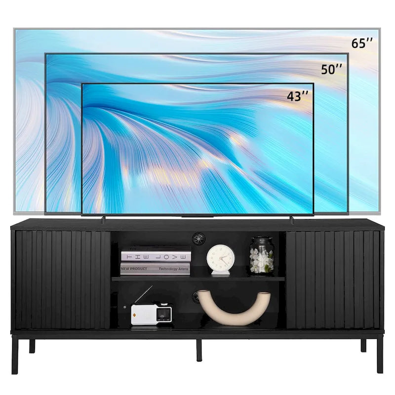 Mobile TV moderno nero di metà secolo, si adatta a TV fino a 65", larghezza 55"