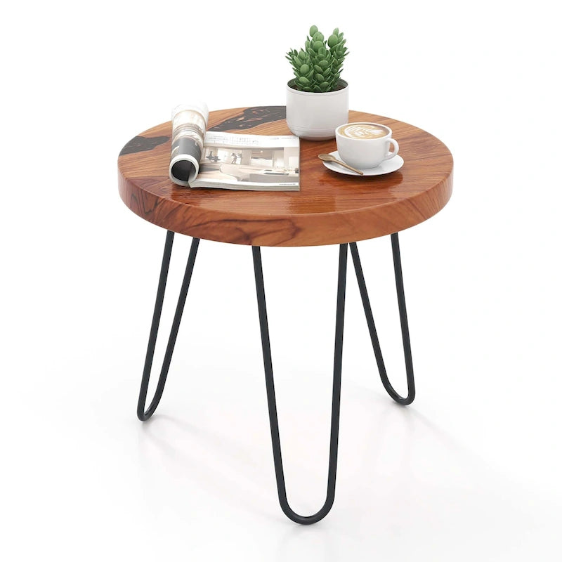 Tavolino Rotondo Marrone con Bordo Naturale, Legno di Teak e Resina, Uso Singolo