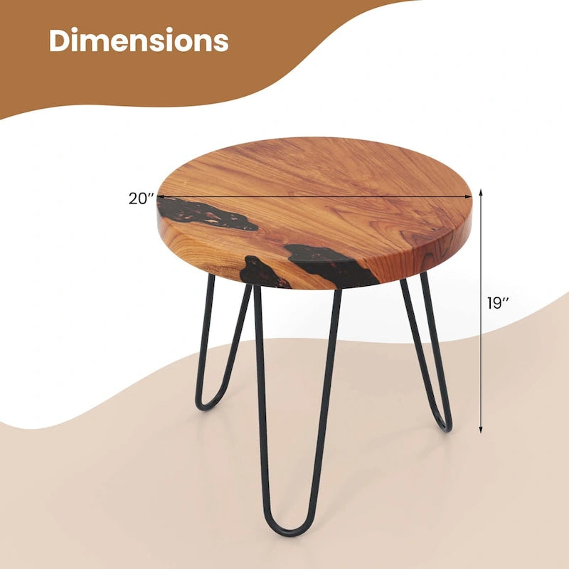 Tavolino Rotondo Marrone con Bordo Naturale, Legno di Teak e Resina, Uso Singolo