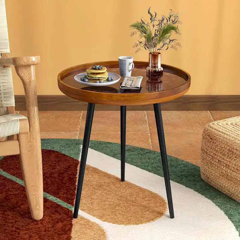 Tavolino Rotondo Marrone con Bordo Naturale, Legno di Teak e Resina, Uso Singolo