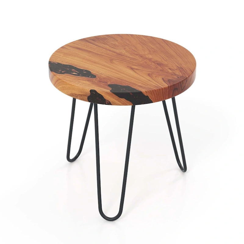 Tavolino Rotondo Marrone con Bordo Naturale, Legno di Teak e Resina, Uso Singolo