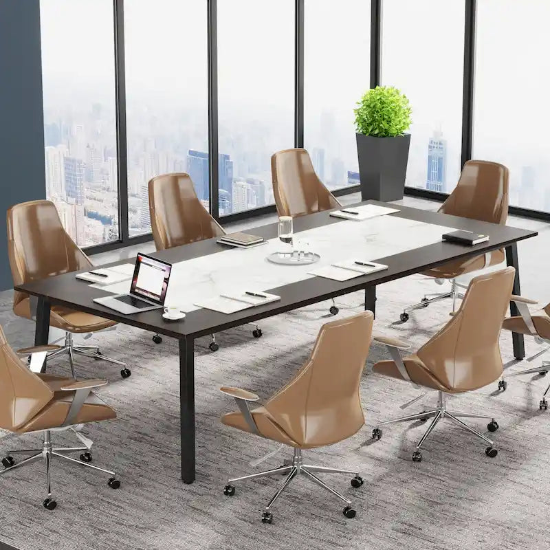 Tavolo da conferenza Marrone Acero e Bianco Calacatta da 199,9 cm per 6-10 persone, con struttura in metallo