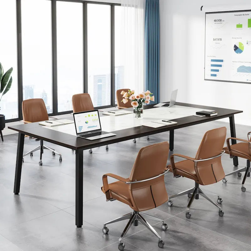 Tavolo da conferenza Marrone Acero e Bianco Calacatta da 199,9 cm per 6-10 persone, con struttura in metallo