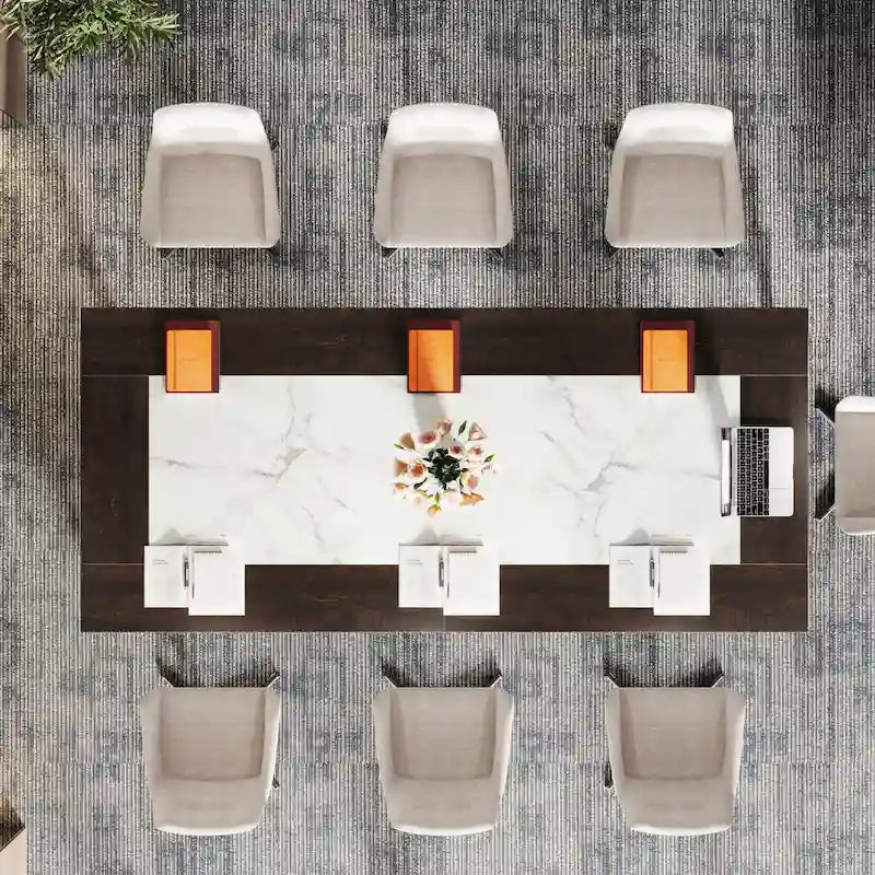Tavolo da conferenza Marrone Acero e Bianco Calacatta da 199,9 cm per 6-10 persone, con struttura in metallo