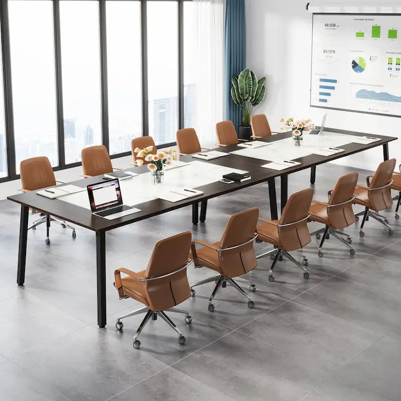Tavolo da conferenza Marrone Acero e Bianco Calacatta da 199,9 cm per 6-10 persone, con struttura in metallo