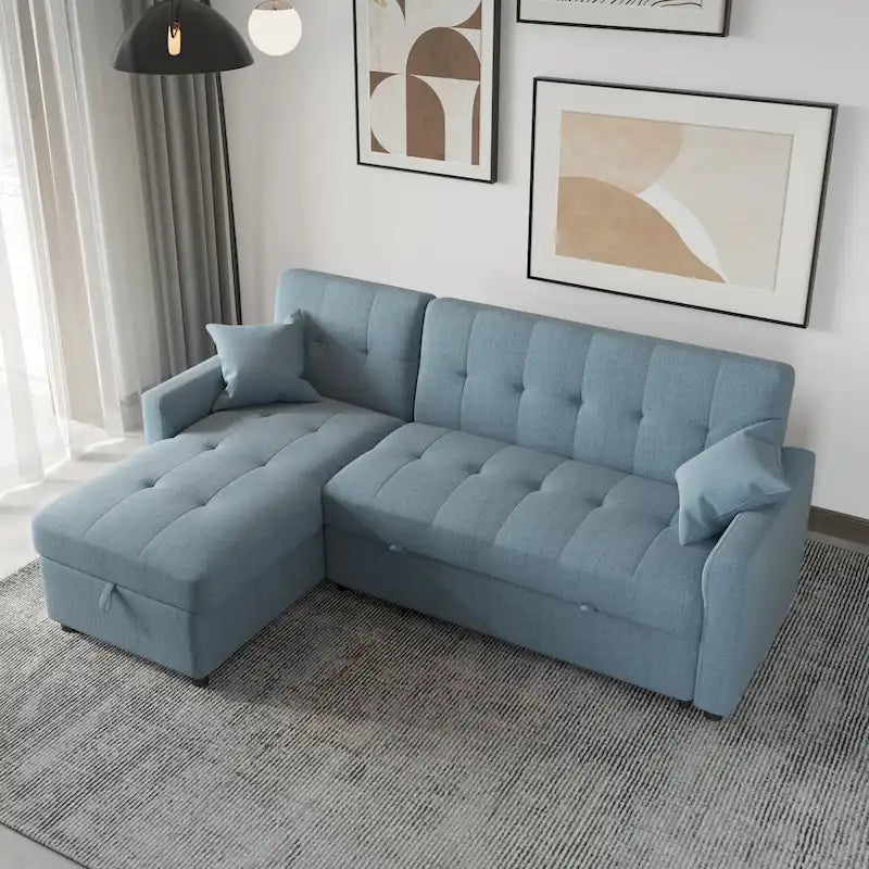 Divano letto sezionale a L reversibile a 3 posti con contenitore, Verde / Blu / Grigio