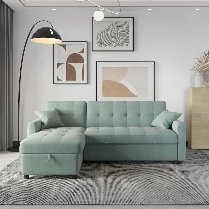 Divano letto sezionale a L reversibile a 3 posti con contenitore, Verde / Blu / Grigio