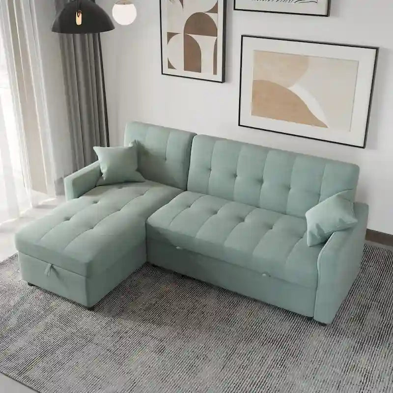 Divano letto sezionale a L reversibile a 3 posti con contenitore, Verde / Blu / Grigio