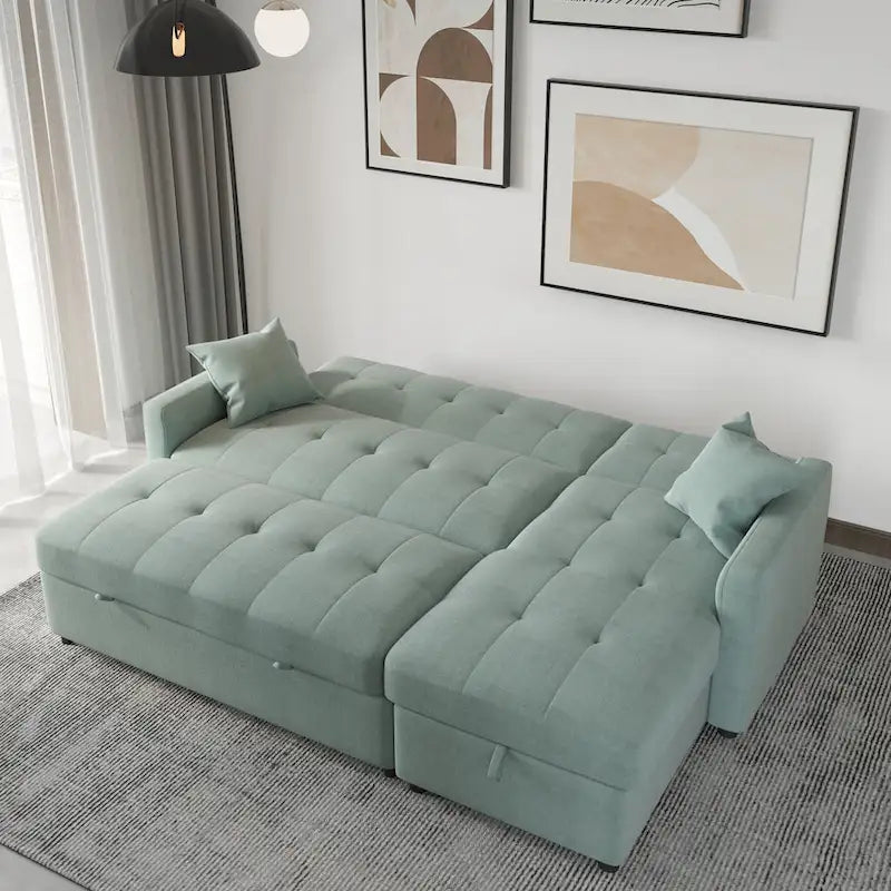 Divano letto sezionale a L reversibile a 3 posti con contenitore, Verde / Blu / Grigio