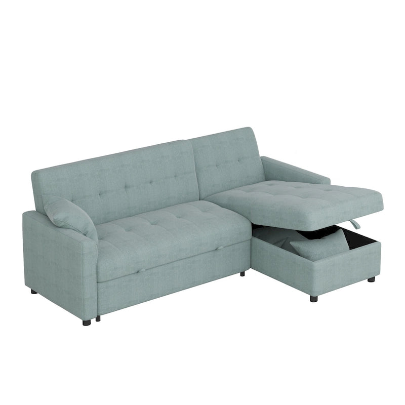 Divano letto sezionale a L reversibile a 3 posti con contenitore, Verde / Blu / Grigio