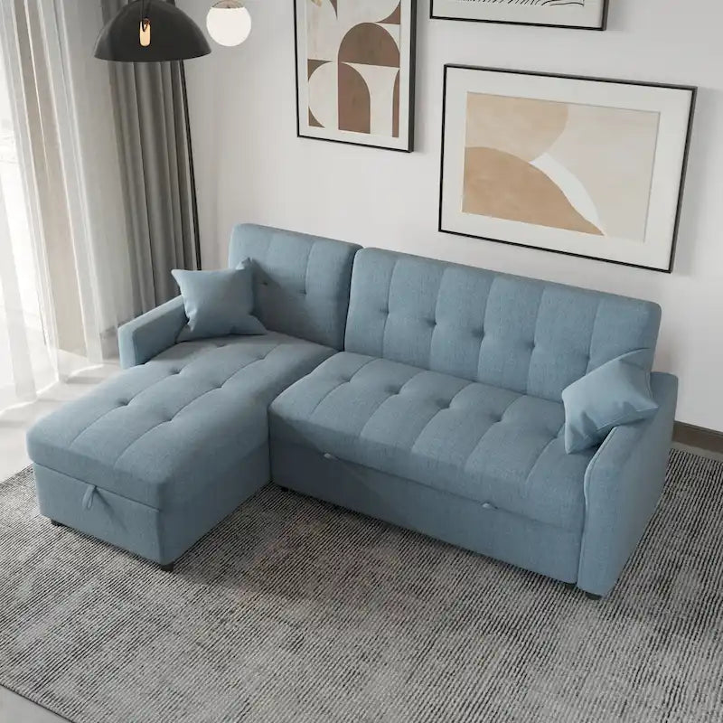 Divano letto sezionale a L reversibile a 3 posti con contenitore, Verde / Blu / Grigio