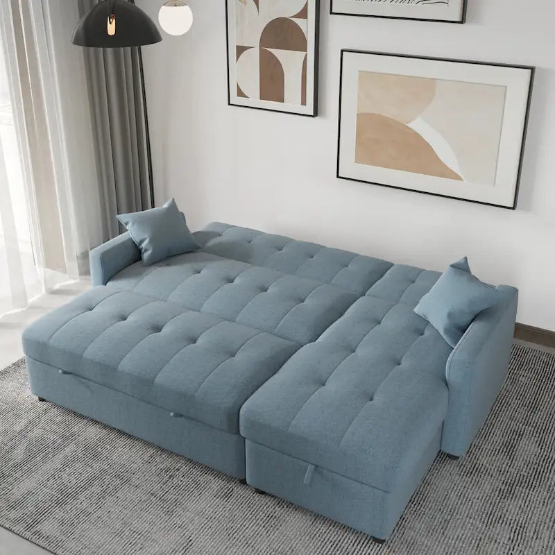 Divano letto sezionale a L reversibile a 3 posti con contenitore, Verde / Blu / Grigio