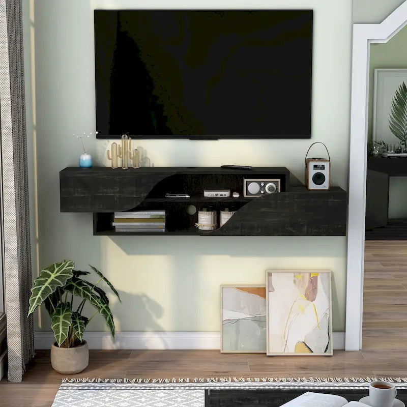 Mobile TV sospeso a 2 ripiani da 150 cm in quercia nera / noce americano chiaro / quercia nera recuperata – Adatto per TV fino a 65"