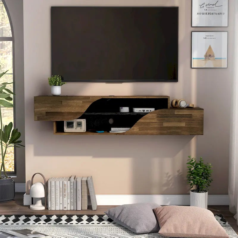 Mobile TV sospeso a 2 ripiani da 150 cm in quercia nera / noce americano chiaro / quercia nera recuperata – Adatto per TV fino a 65"