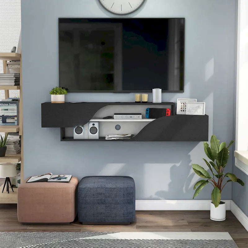 Mobile TV sospeso a 2 ripiani da 150 cm in quercia nera / noce americano chiaro / quercia nera recuperata – Adatto per TV fino a 65"