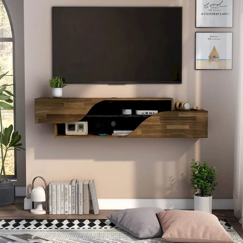 Mobile TV sospeso a 2 ripiani da 150 cm in quercia nera / noce americano chiaro / quercia nera recuperata – Adatto per TV fino a 65"