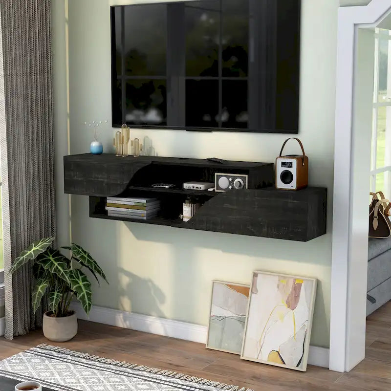 Mobile TV sospeso a 2 ripiani da 150 cm in quercia nera / noce americano chiaro / quercia nera recuperata – Adatto per TV fino a 65"