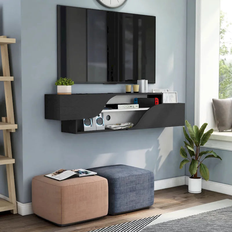 Mobile TV sospeso a 2 ripiani da 150 cm in quercia nera / noce americano chiaro / quercia nera recuperata – Adatto per TV fino a 65"