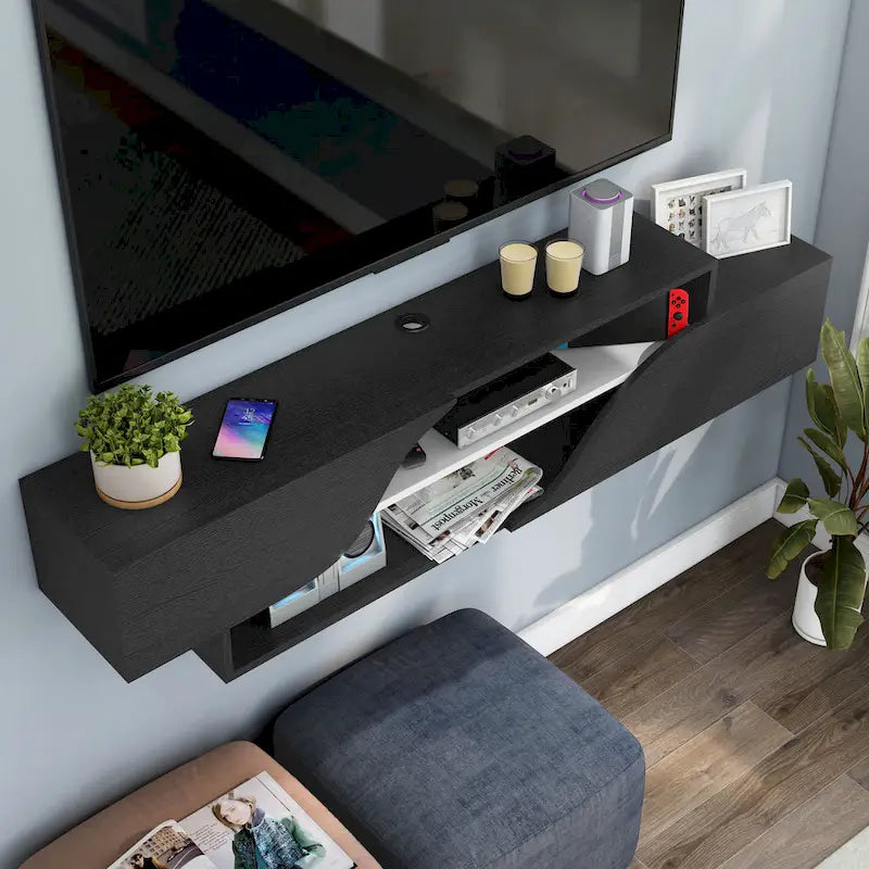 Mobile TV sospeso a 2 ripiani da 150 cm in quercia nera / noce americano chiaro / quercia nera recuperata – Adatto per TV fino a 65"