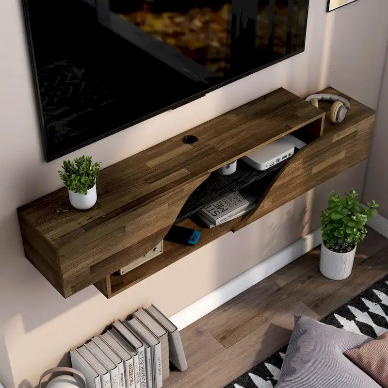 Mobile TV sospeso a 2 ripiani da 150 cm in quercia nera / noce americano chiaro / quercia nera recuperata – Adatto per TV fino a 65"
