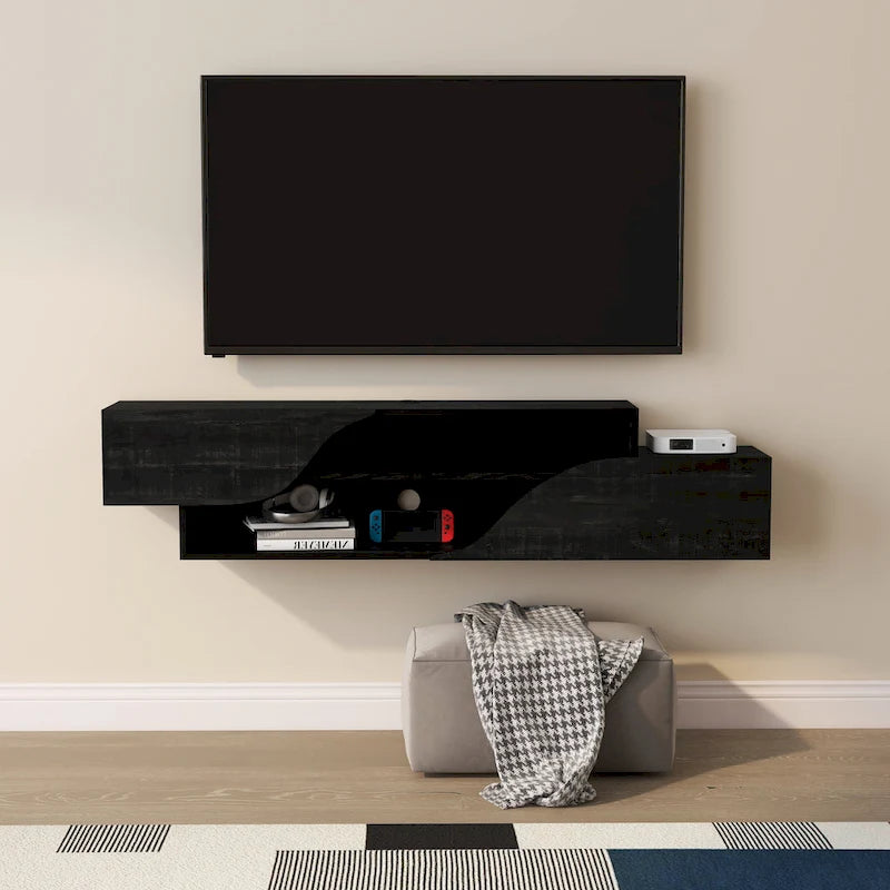 Mobile TV sospeso a 2 ripiani da 150 cm in quercia nera / noce americano chiaro / quercia nera recuperata – Adatto per TV fino a 65"