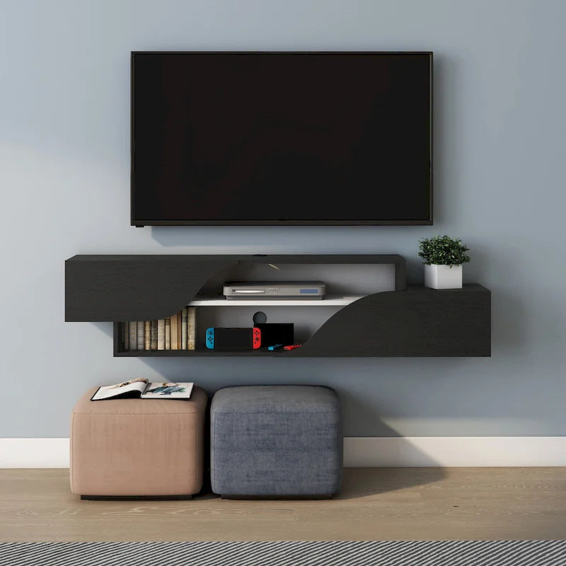 Mobile TV sospeso a 2 ripiani da 150 cm in quercia nera / noce americano chiaro / quercia nera recuperata – Adatto per TV fino a 65"