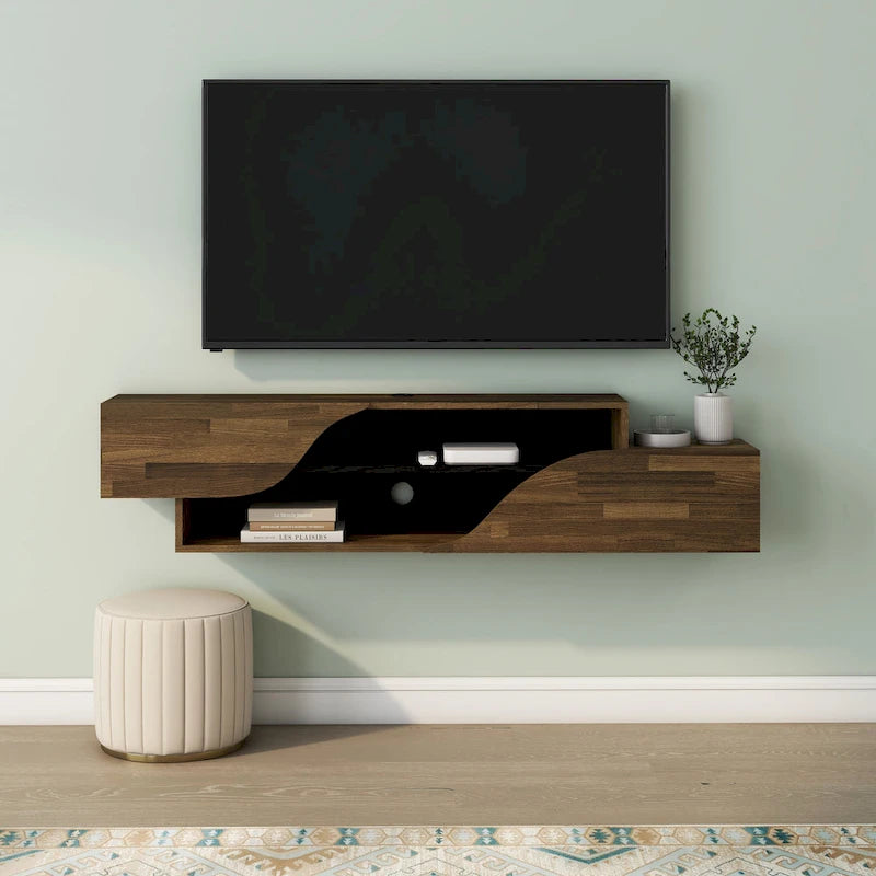 Mobile TV sospeso a 2 ripiani da 150 cm in quercia nera / noce americano chiaro / quercia nera recuperata – Adatto per TV fino a 65"