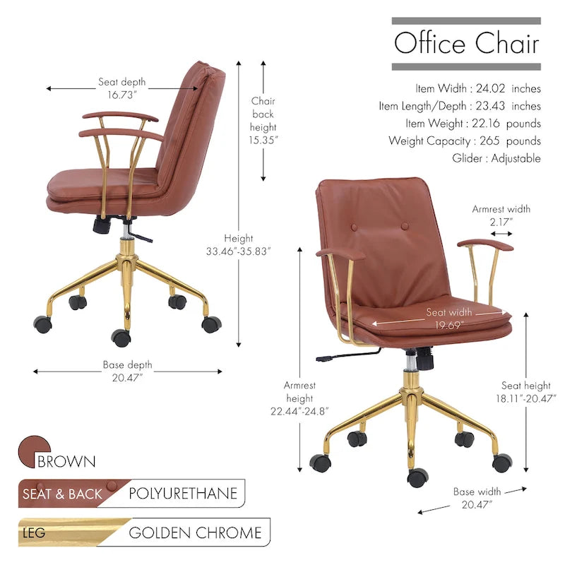 Sedia da ufficio in pelle PU, gambe cromate color oro, Marrone/Nero/Bianco, 1 persona