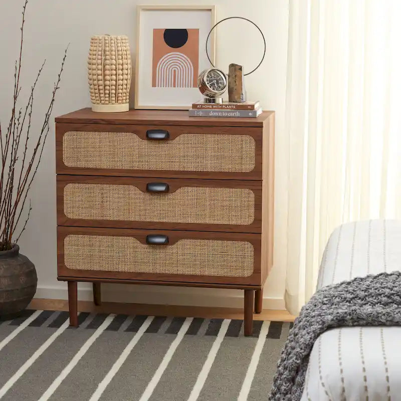 Cassettiera a 3 cassetti in rattan – Noce / Nero anticato / Bianco / Nero / Rovere, finitura naturale, montaggio da 1 persona