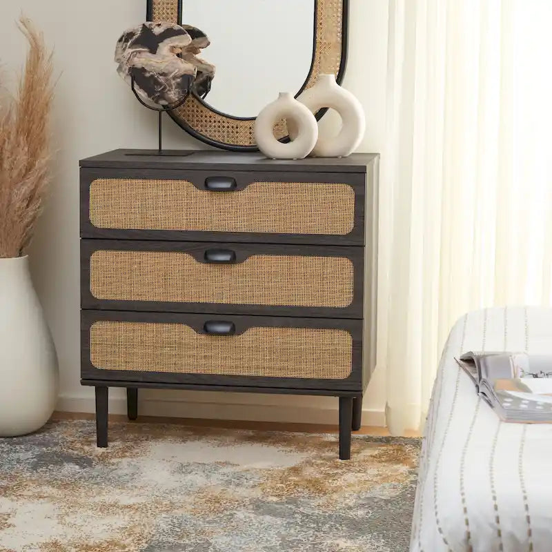 Cassettiera a 3 cassetti in rattan – Noce / Nero anticato / Bianco / Nero / Rovere, finitura naturale, montaggio da 1 persona