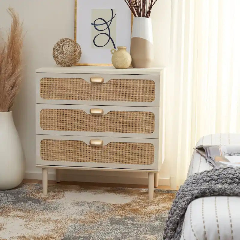 Cassettiera a 3 cassetti in rattan – Noce / Nero anticato / Bianco / Nero / Rovere, finitura naturale, montaggio da 1 persona