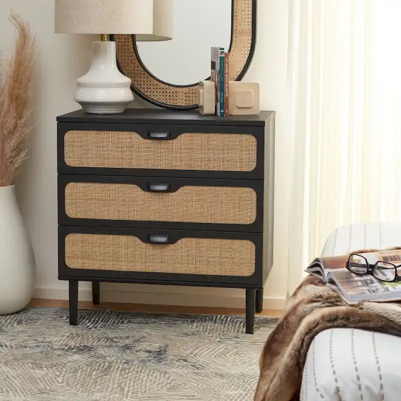 Cassettiera a 3 cassetti in rattan – Noce / Nero anticato / Bianco / Nero / Rovere, finitura naturale, montaggio da 1 persona