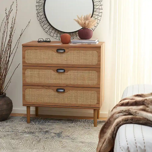 Cassettiera a 3 cassetti in rattan – Noce / Nero anticato / Bianco / Nero / Rovere, finitura naturale, montaggio da 1 persona