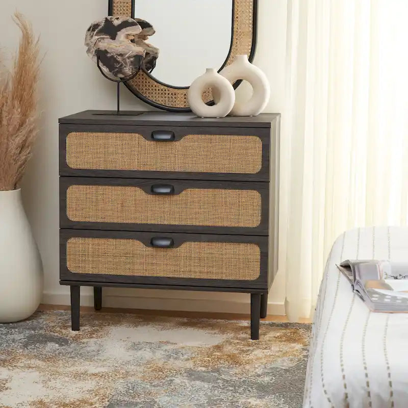 Cassettiera a 3 cassetti in rattan – Noce / Nero anticato / Bianco / Nero / Rovere, finitura naturale, montaggio da 1 persona