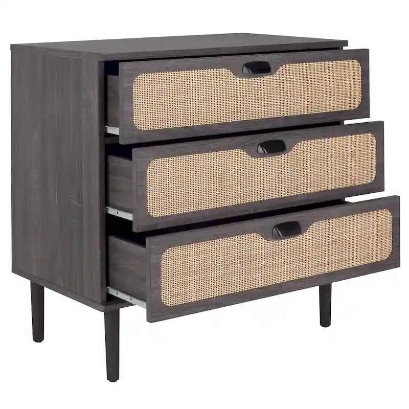 Cassettiera a 3 cassetti in rattan – Noce / Nero anticato / Bianco / Nero / Rovere, finitura naturale, montaggio da 1 persona
