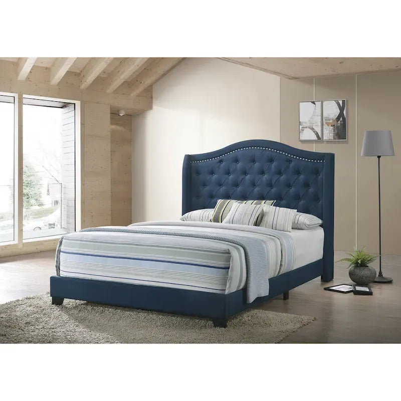 Letto imbottito trapuntato con schienale a cammello blu/grigio/beige – una piazza e mezza/matrimoniale/king-size
