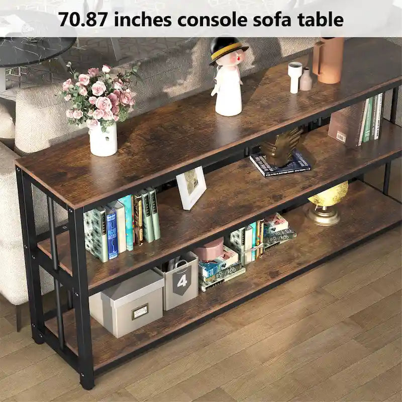 Tavolo consolle vintage marrone a 3 ripiani, legno e metallo, adatto a divani a 3 posti