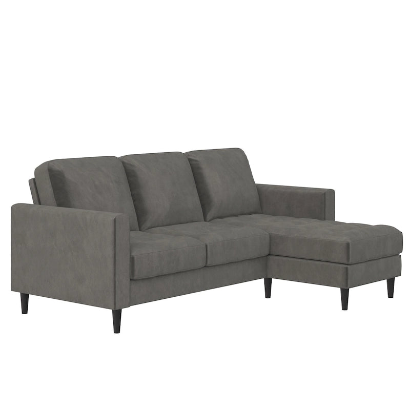 Divano componibile reversibile bicolore grigio chiaro/velluto nero, 2 posti con chaise longue mobile