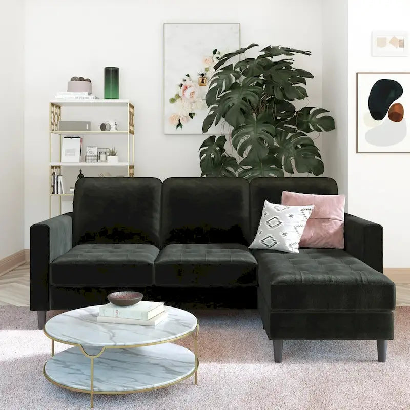 Divano componibile reversibile bicolore grigio chiaro/velluto nero, 2 posti con chaise longue mobile
