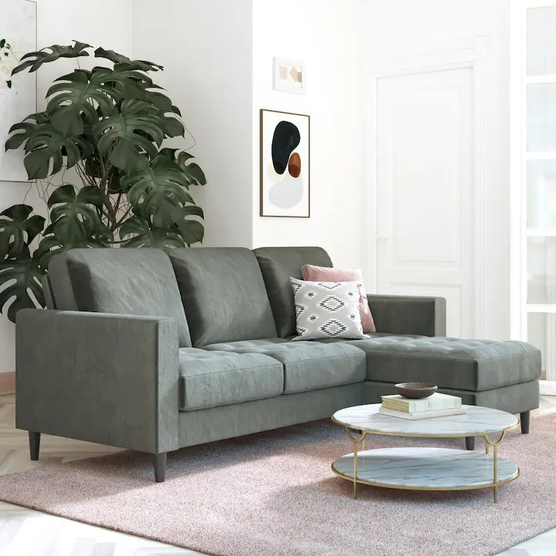 Divano componibile reversibile bicolore grigio chiaro/velluto nero, 2 posti con chaise longue mobile