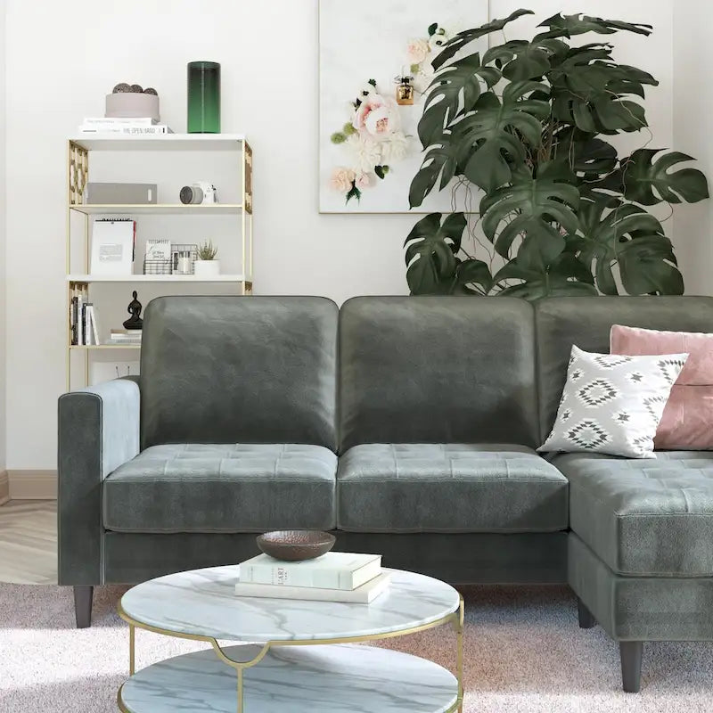 Divano componibile reversibile bicolore grigio chiaro/velluto nero, 2 posti con chaise longue mobile