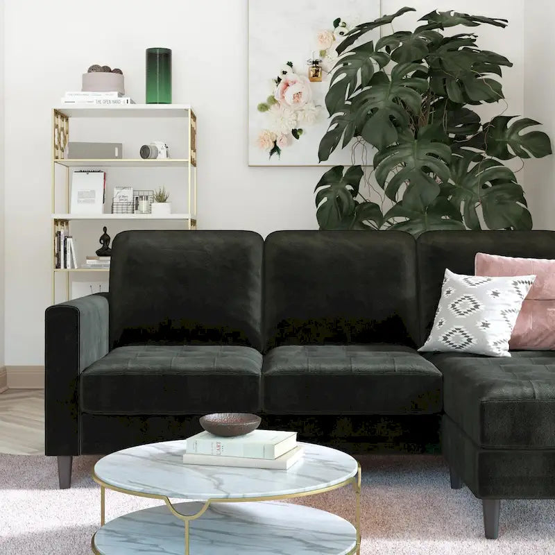 Divano componibile reversibile bicolore grigio chiaro/velluto nero, 2 posti con chaise longue mobile