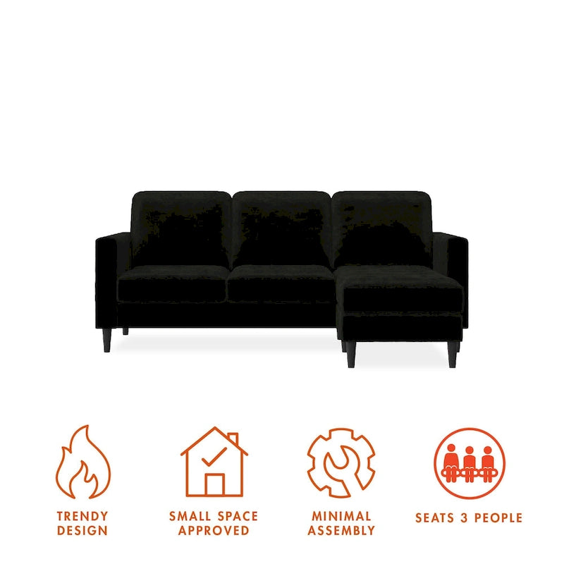 Divano componibile reversibile bicolore grigio chiaro/velluto nero, 2 posti con chaise longue mobile