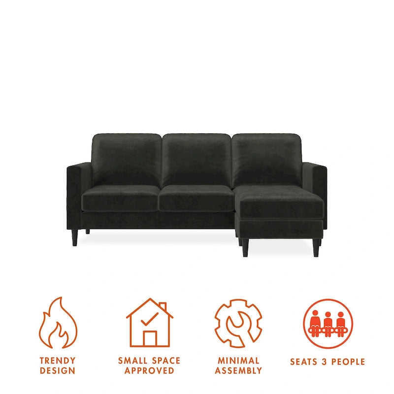 Divano componibile reversibile bicolore grigio chiaro/velluto nero, 2 posti con chaise longue mobile